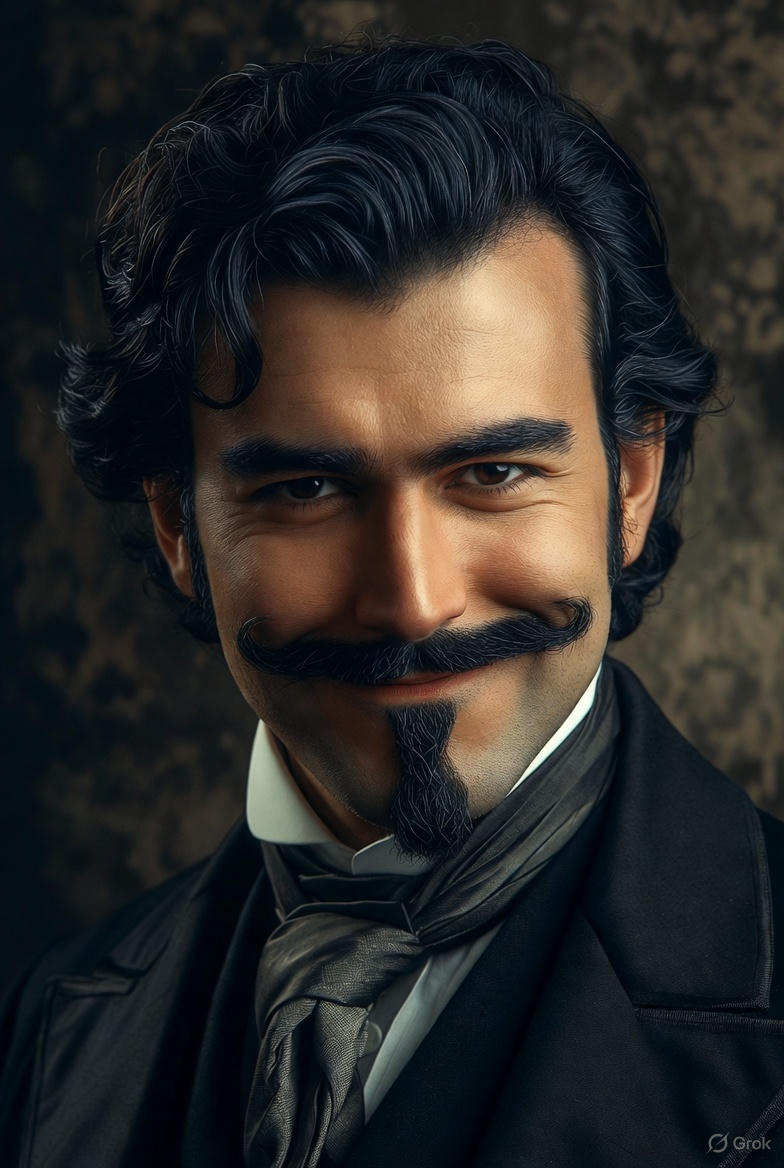 Torren Grinkle, Victorian gentleman and chronicler of splendid nonsense, with mischievous grin and magnificent mustache.